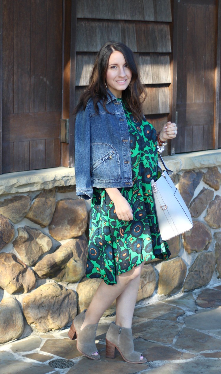 Dark Green Floral Shift Dress, Pretty In Her Pearls, Petite Blogger