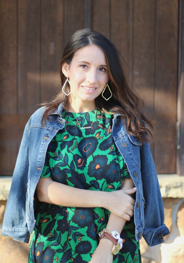 Dark Green Floral Shift Dress, Pretty In Her Pearls, Petite Blogger