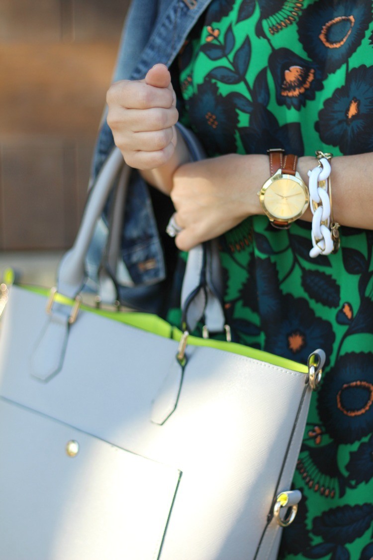 Dark Green Floral Shift Dress, Pretty In Her Pearls, Petite Blogger