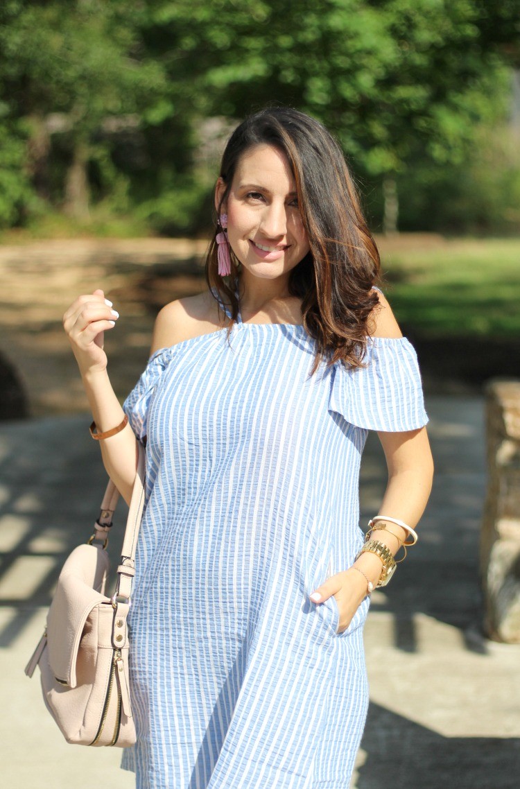 The Perfect Dress for Memorial Day that's under $50, Lush stripe off the shoulder dress, Pretty In Her Pearls, Petite Style Blogger