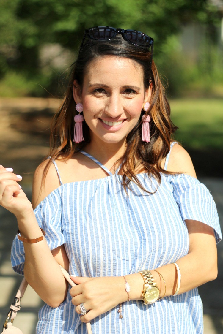 The Perfect Dress for Memorial Day that's under $50, Lush stripe off the shoulder dress, Pretty In Her Pearls, Petite Style Blogger