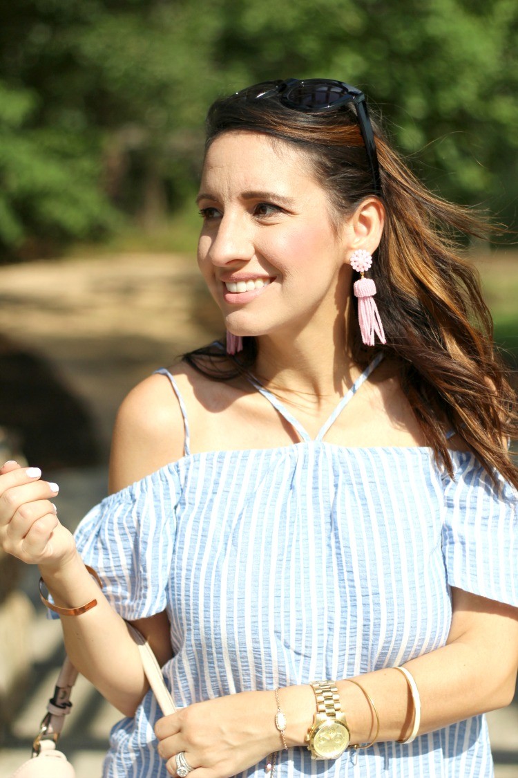 The Perfect Dress for Memorial Day that's under $50, Lush stripe off the shoulder dress, Pretty In Her Pearls, Petite Style Blogger