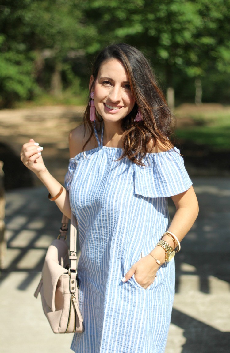 The Perfect Dress for Memorial Day that's under $50, Lush stripe off the shoulder dress, Pretty In Her Pearls, Petite Style Blogger