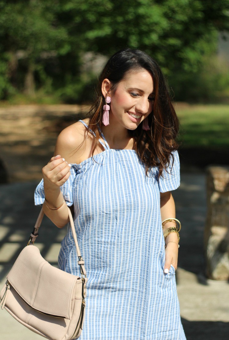 The Perfect Dress for Memorial Day that's under $50, Lush stripe off the shoulder dress, Pretty In Her Pearls, Petite Style Blogger