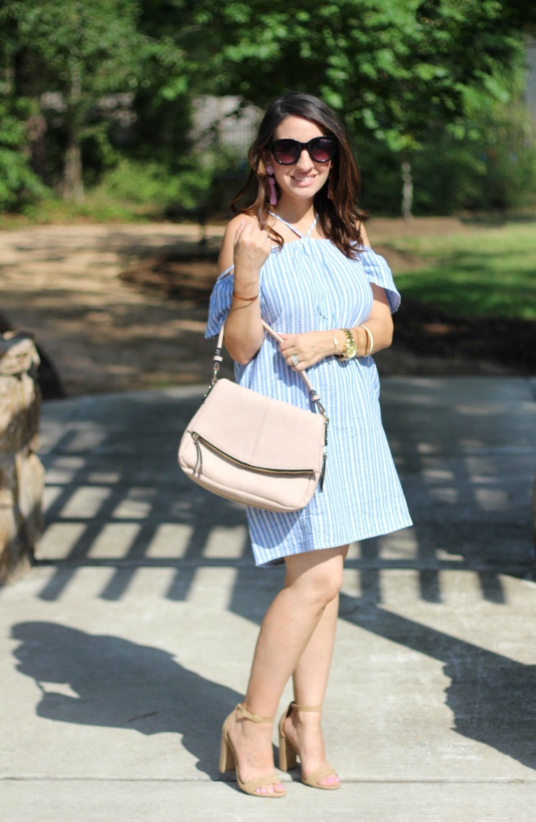 The Perfect Dress for Memorial Day that's under $50, Lush stripe off the shoulder dress, Pretty In Her Pearls, Petite Style Blogger