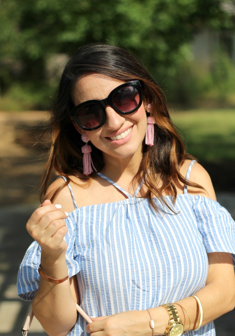 The Perfect Dress for Memorial Day that's under $50, Lush stripe off the shoulder dress, Pretty In Her Pearls, Petite Style Blogger