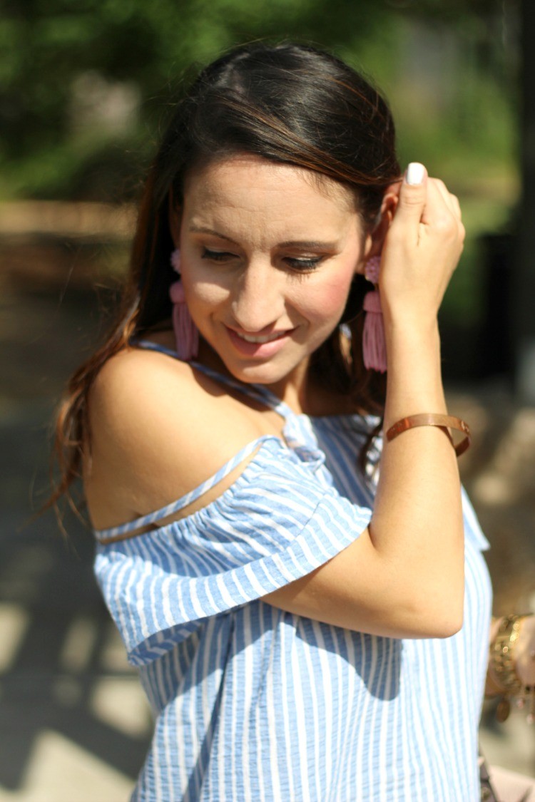 The Perfect Dress for Memorial Day that's under $50, Lush stripe off the shoulder dress, Pretty In Her Pearls, Petite Style Blogger