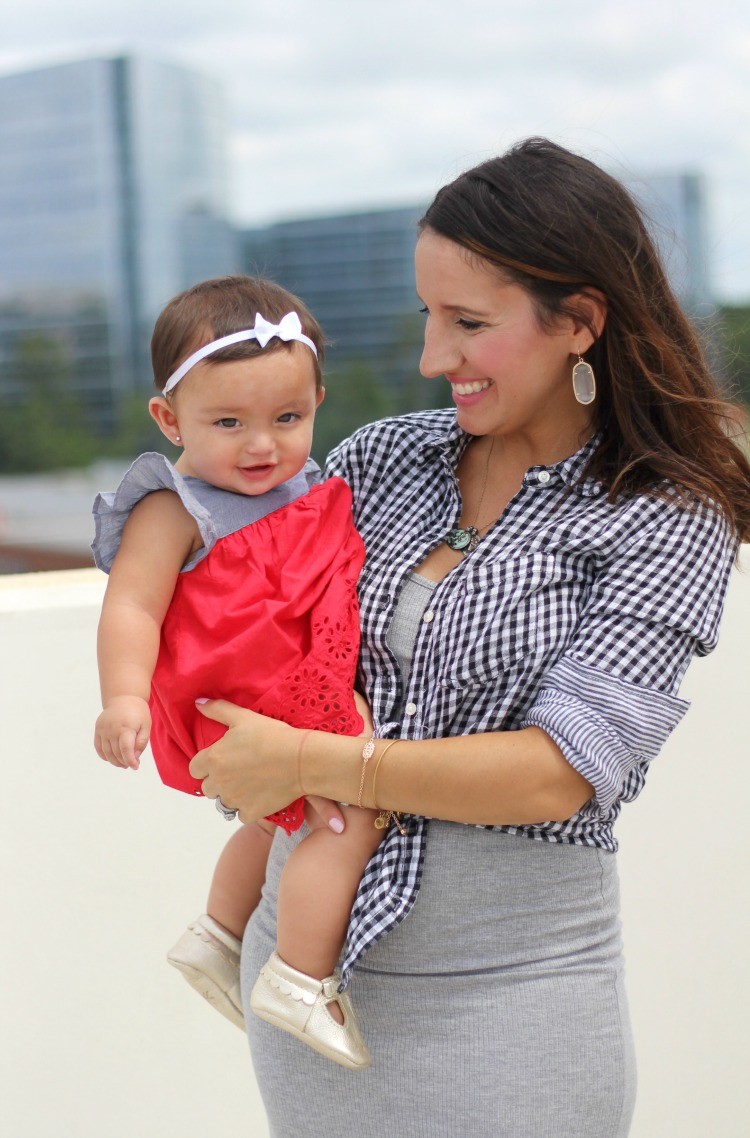 Mommy and Me time, Classic Summer Outfit, Gingham top, grey dress, and nude heels, Pretty In Her Pearls, Petite Style Blogger