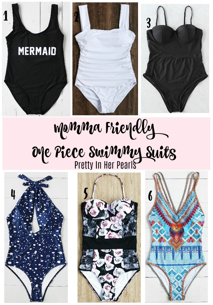 Momma Friendly One Piece Swimmy Suits, Pretty In Her Pearls, Cute One Piece Bathing suits 