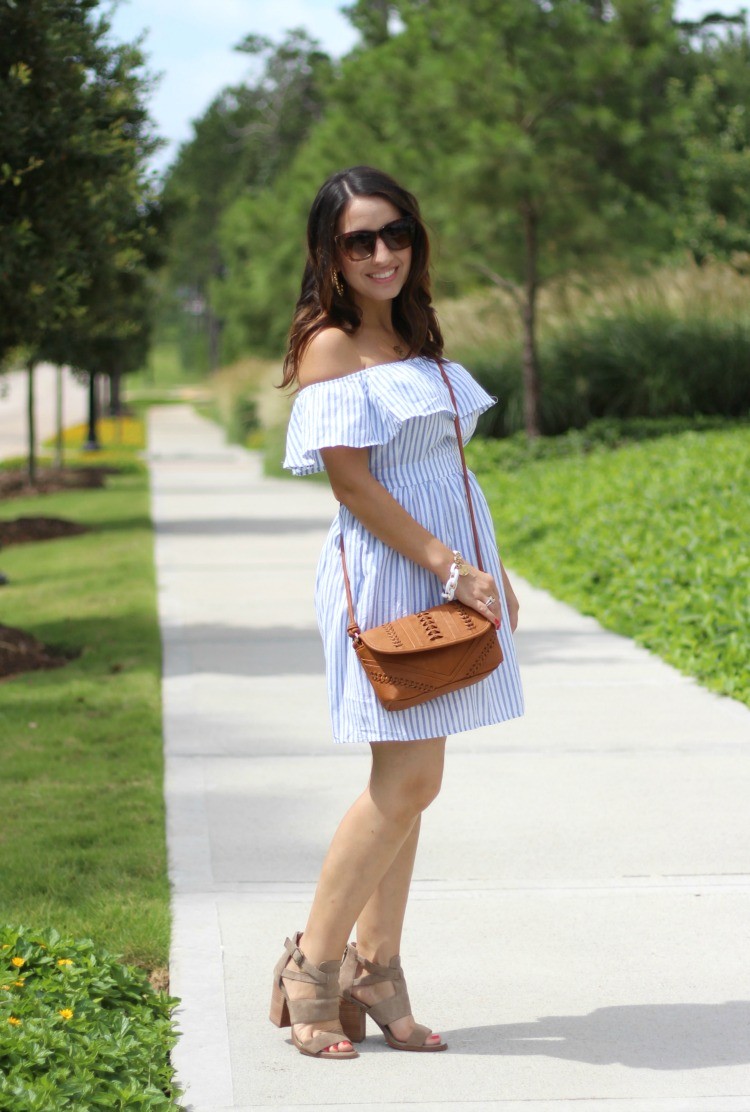 Preppy off the shoulder dress, Pretty In Her Pearls, Houston Blogger, Petite Style Blogger