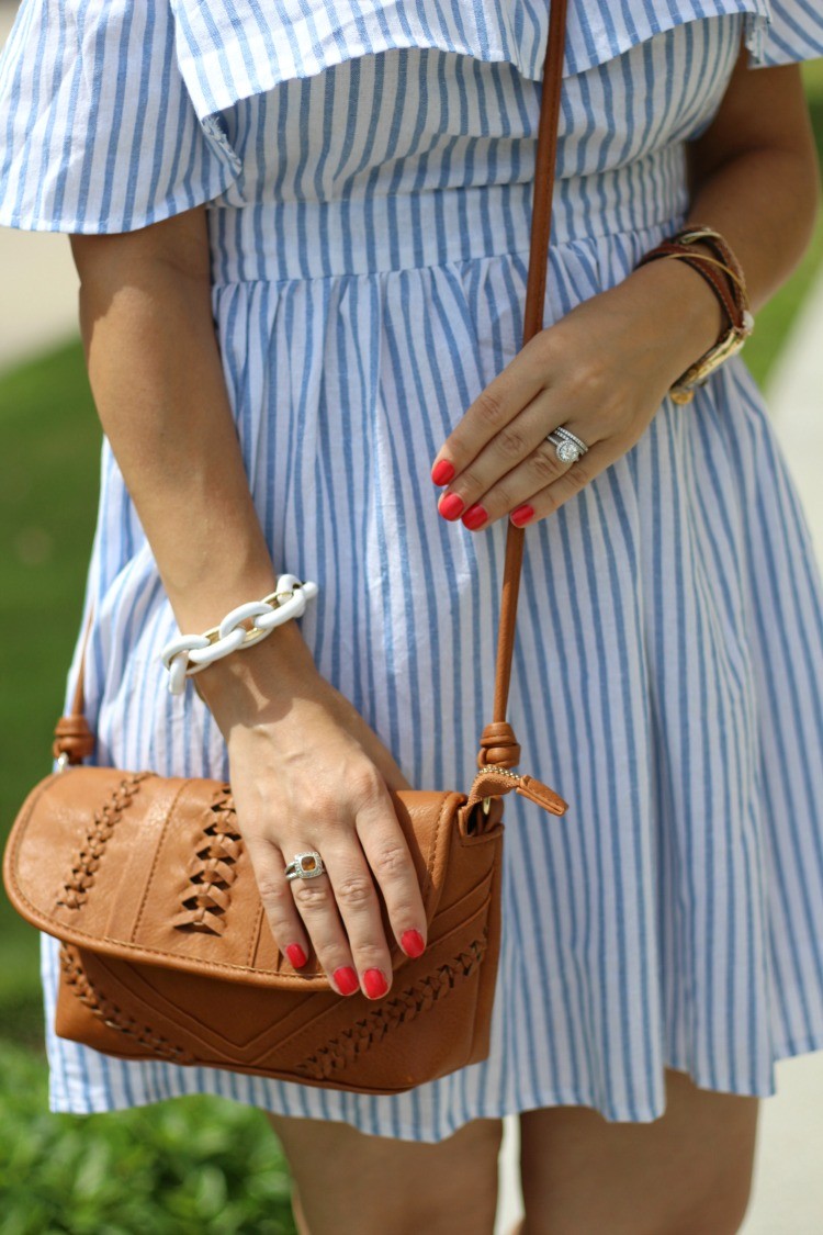 Urban Expressions Tan Crossbody, Preppy off the shoulder dress, Pretty In Her Pearls, Houston Blogger, Petite Style Blogger