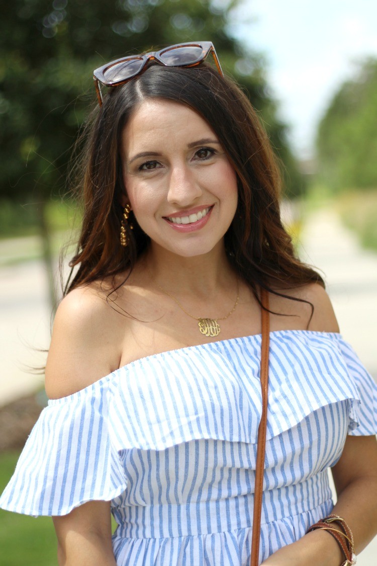 Preppy off the shoulder dress, Pretty In Her Pearls, Houston Blogger, Petite Style Blogger