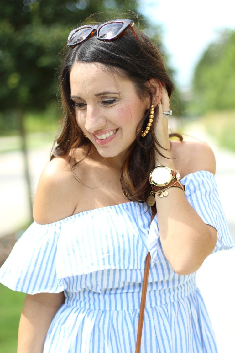 Lisi Lerch Gold hoop earrings, Preppy off the shoulder dress, Pretty In Her Pearls, Houston Blogger, Petite Style Blogger
