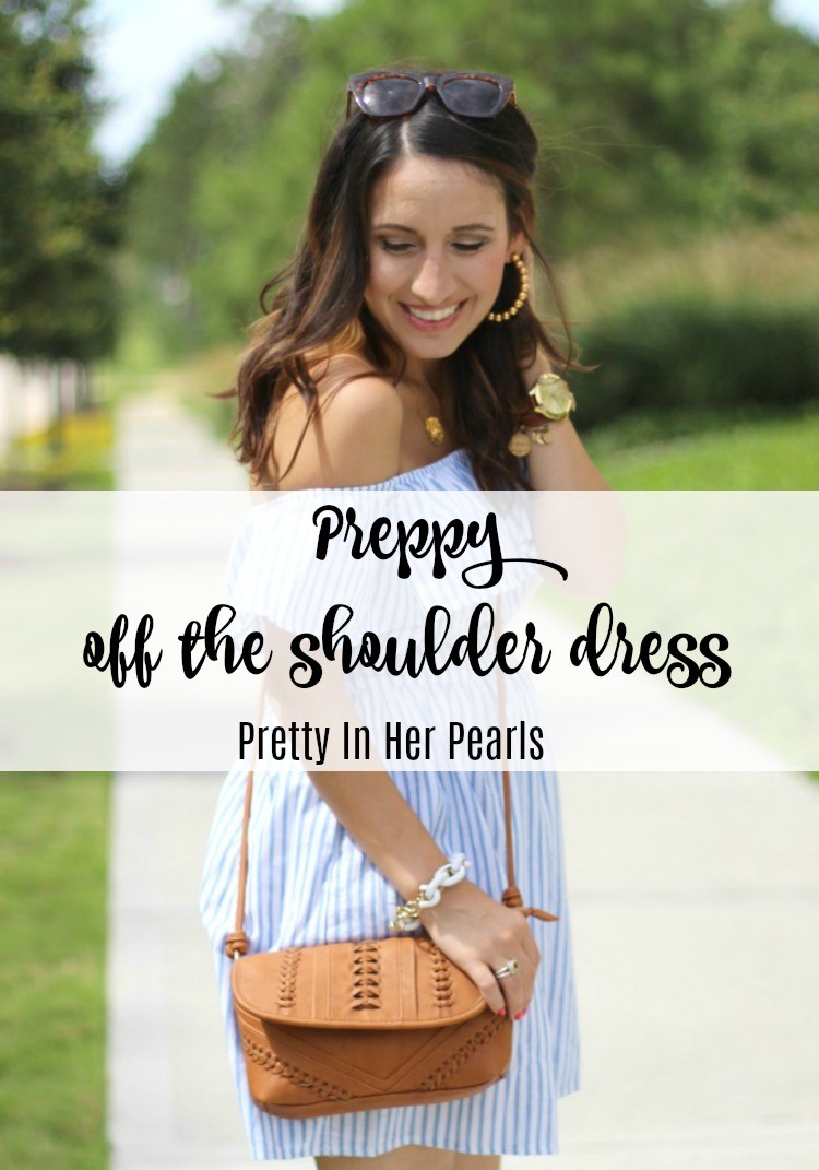Preppy off the shoulder Romwe dress, Pretty In Her Pearls, Style Blogger, Petite Style Blogger