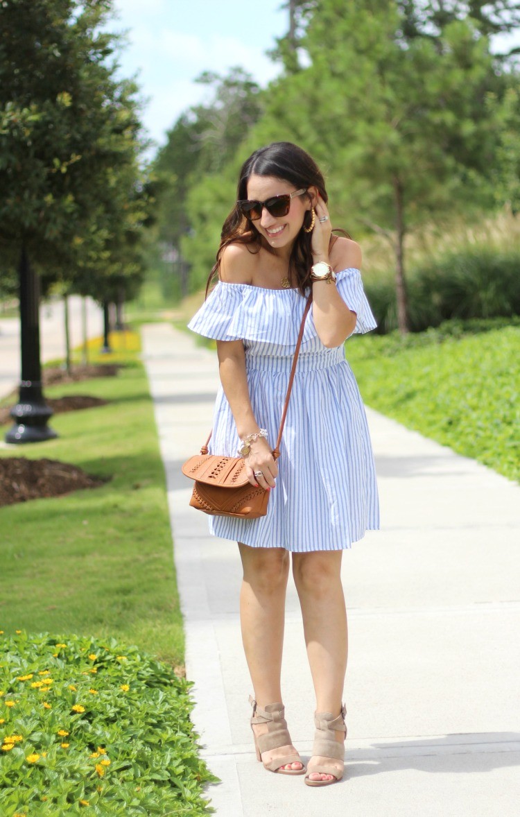 Preppy off the shoulder dress, Pretty In Her Pearls, Houston Blogger, Petite Style Blogger