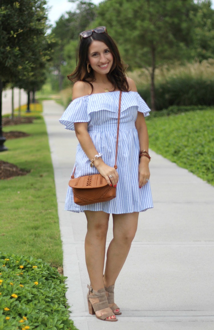 Preppy off the shoulder dress, Pretty In Her Pearls, Houston Blogger, Petite Style Blogger