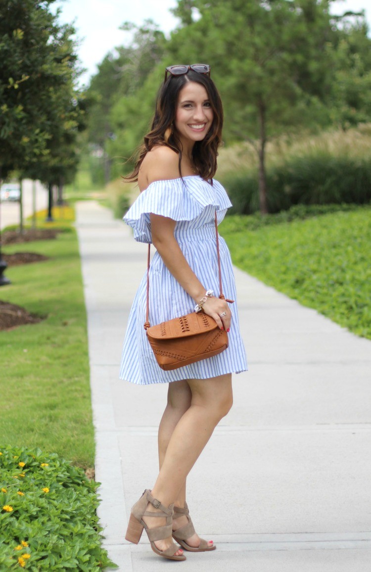 Preppy off the shoulder dress, Pretty In Her Pearls, Houston Blogger, Petite Style Blogger