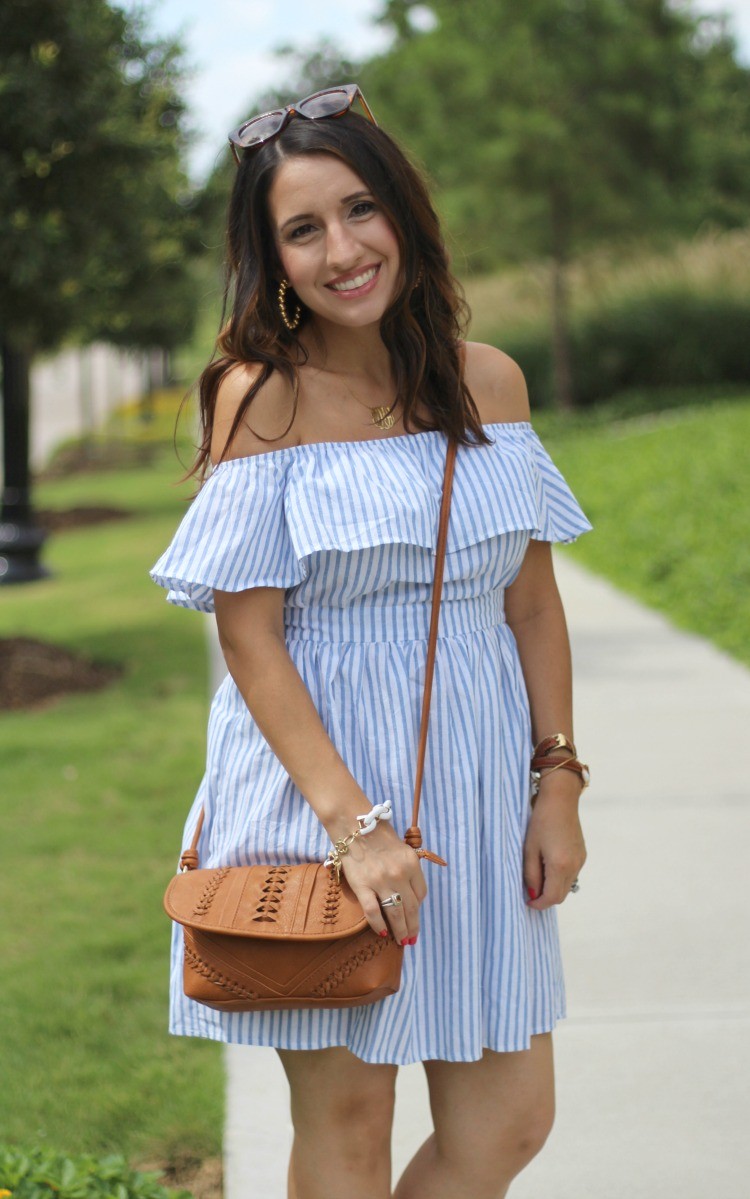 Preppy off the shoulder dress, Pretty In Her Pearls, Houston Blogger, Petite Style Blogger