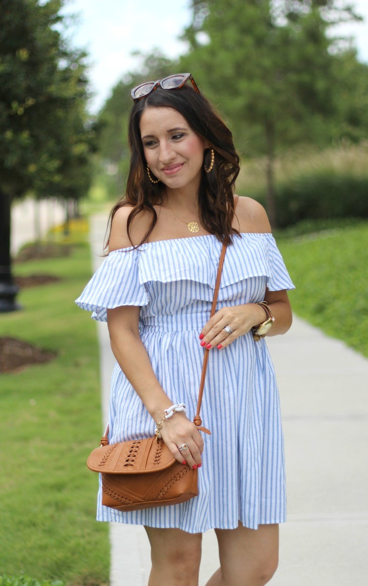 Romwe Flounce Layered Vertical Stripe Open Back Smock Dress, Pretty In Her Pearls, Style Blogger, Petite Style Blogger