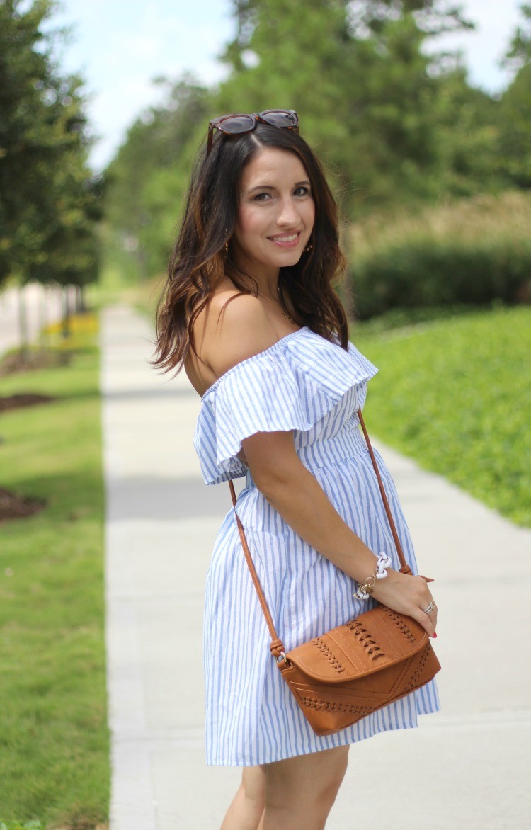 Preppy off the shoulder dress, Pretty In Her Pearls, Houston Blogger, Petite Style Blogger