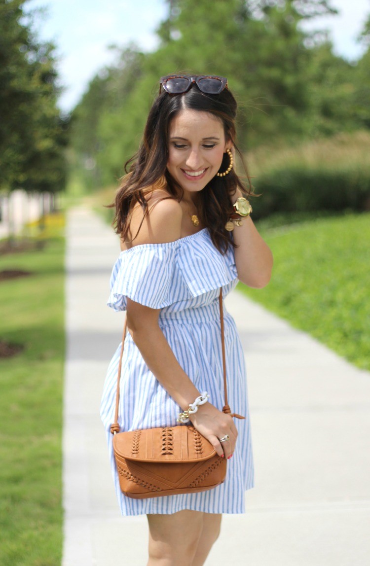 Romwe Flounce Layered Vertical Stripe Open Back Smock Dress, Pretty In Her Pearls, Style Blogger, Petite Style Blogger