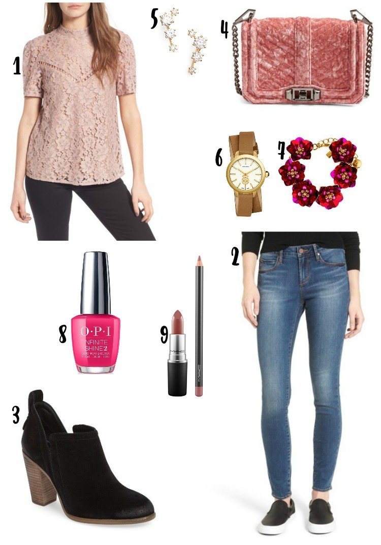 Blush colored lace top, and skinny jeans, Pretty In Her Pearls, Petite Blogger