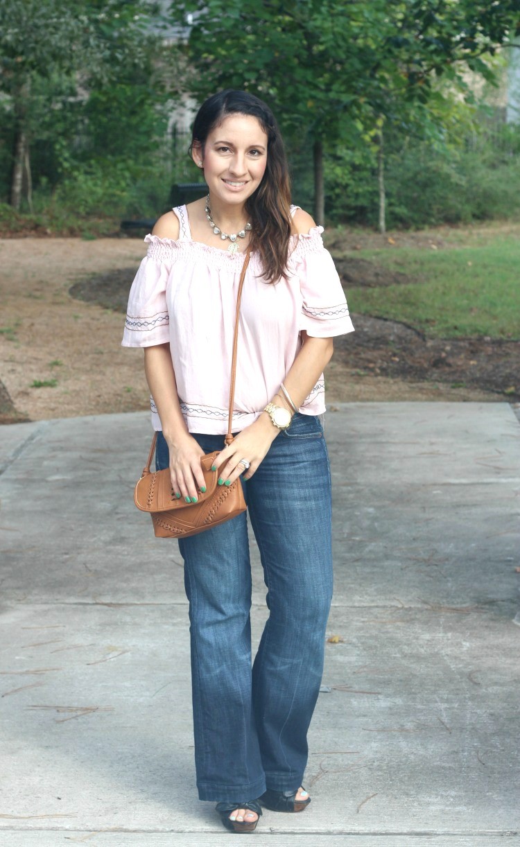 Cold shoulder top, flare jeans, and brown crossbody handbag, Pretty In Her Pearls, Style Blogger, Petite blogger,