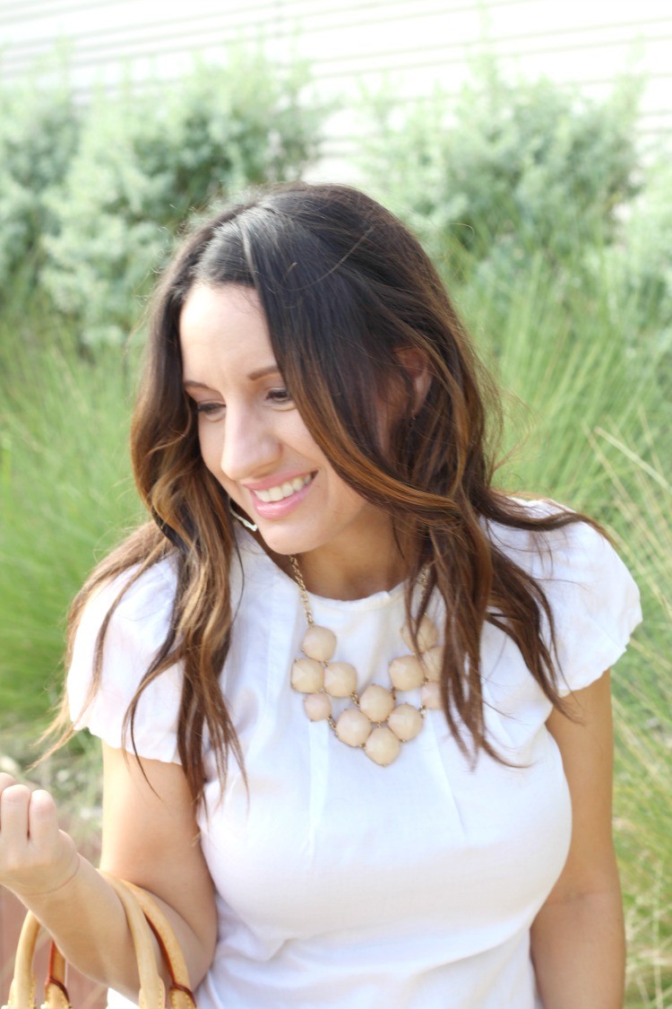 Basic white top, distressed jeans, and nude heels, Pretty In Her Pearls, Petite Blogger