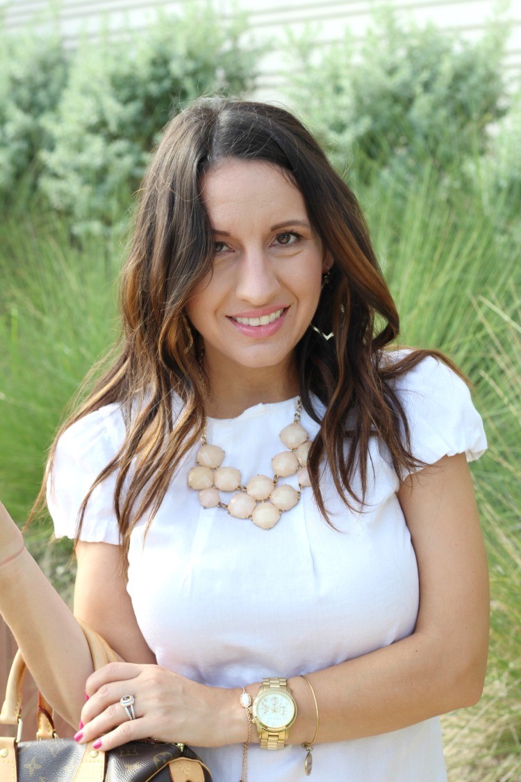 Basic white top, distressed jeans, and nude heels, Pretty In Her Pearls, Petite Blogger