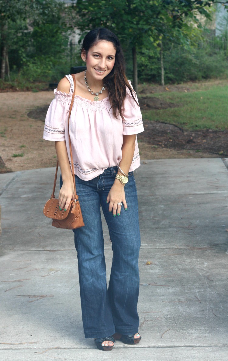 Cold shoulder top, flare jeans, and brown crossbody handbag, Pretty In Her Pearls, Style Blogger, Petite blogger,