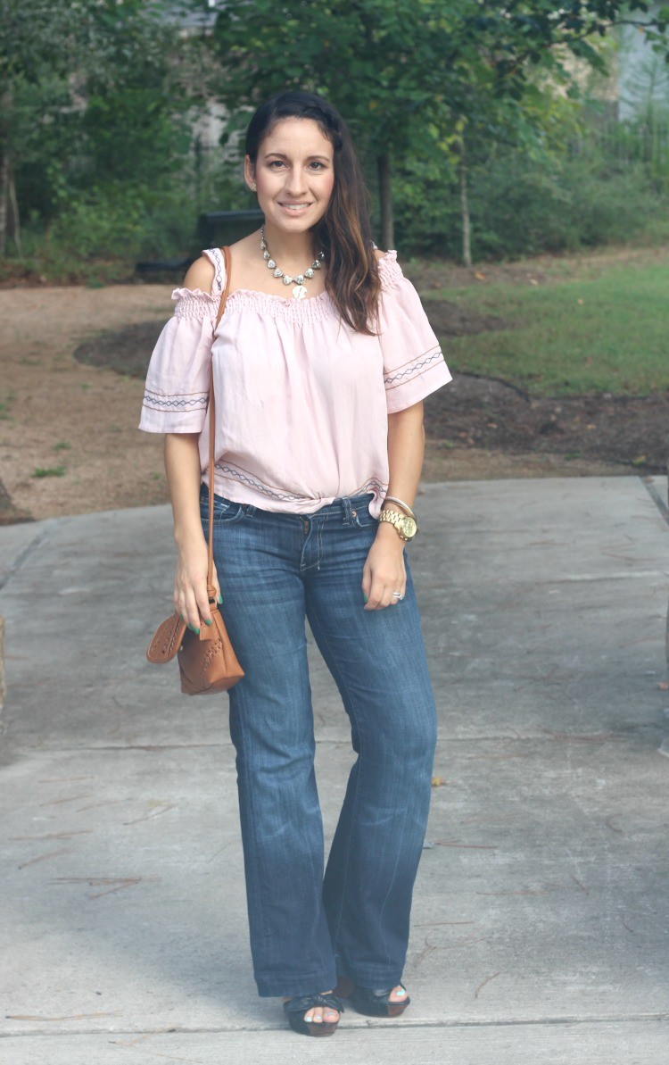 Cold shoulder top, flare jeans, and brown crossbody handbag, Pretty In Her Pearls, Style Blogger, Petite blogger,