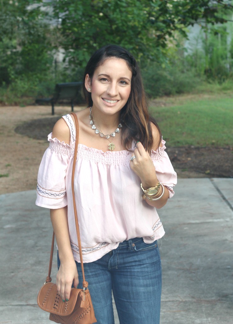 Layered Monogram Necklace, Cold shoulder top, flare jeans, and brown crossbody handbag, Pretty In Her Pearls, Style Blogger, Petite blogger,