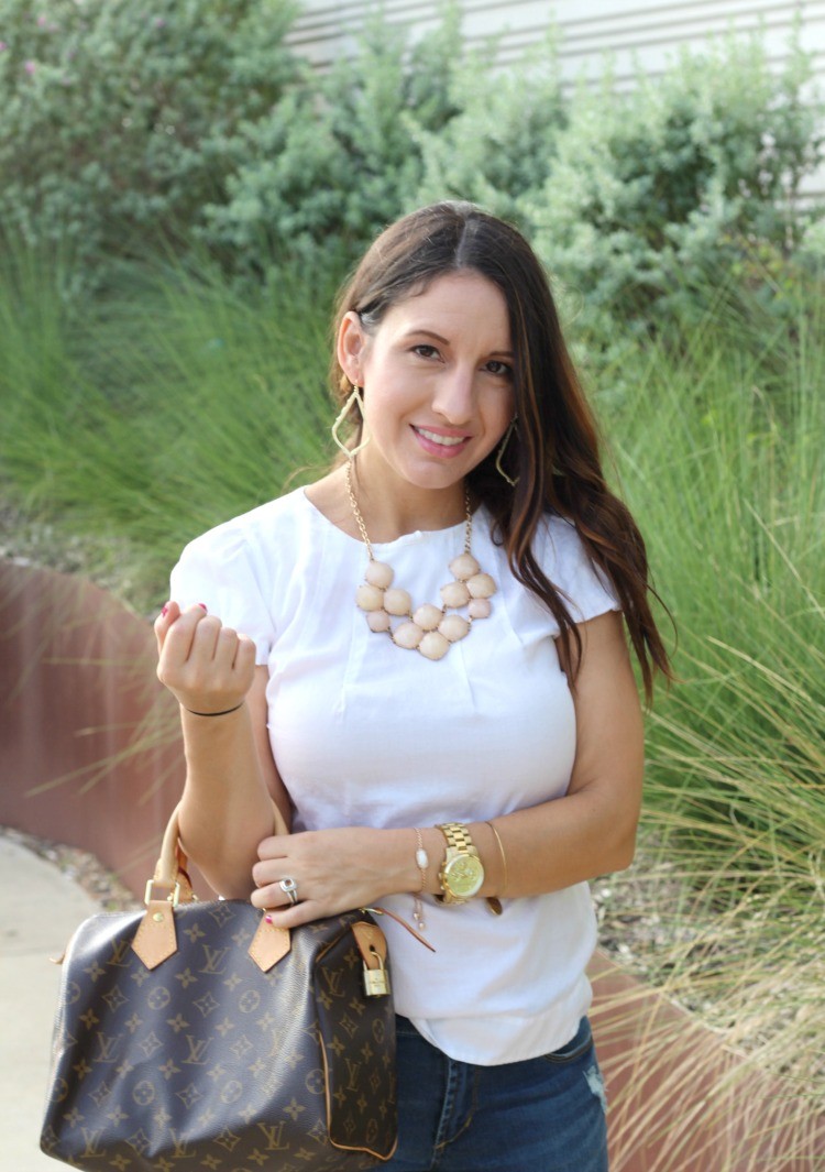 Basic white top, distressed jeans, and nude heels, Pretty In Her Pearls, Petite Blogger