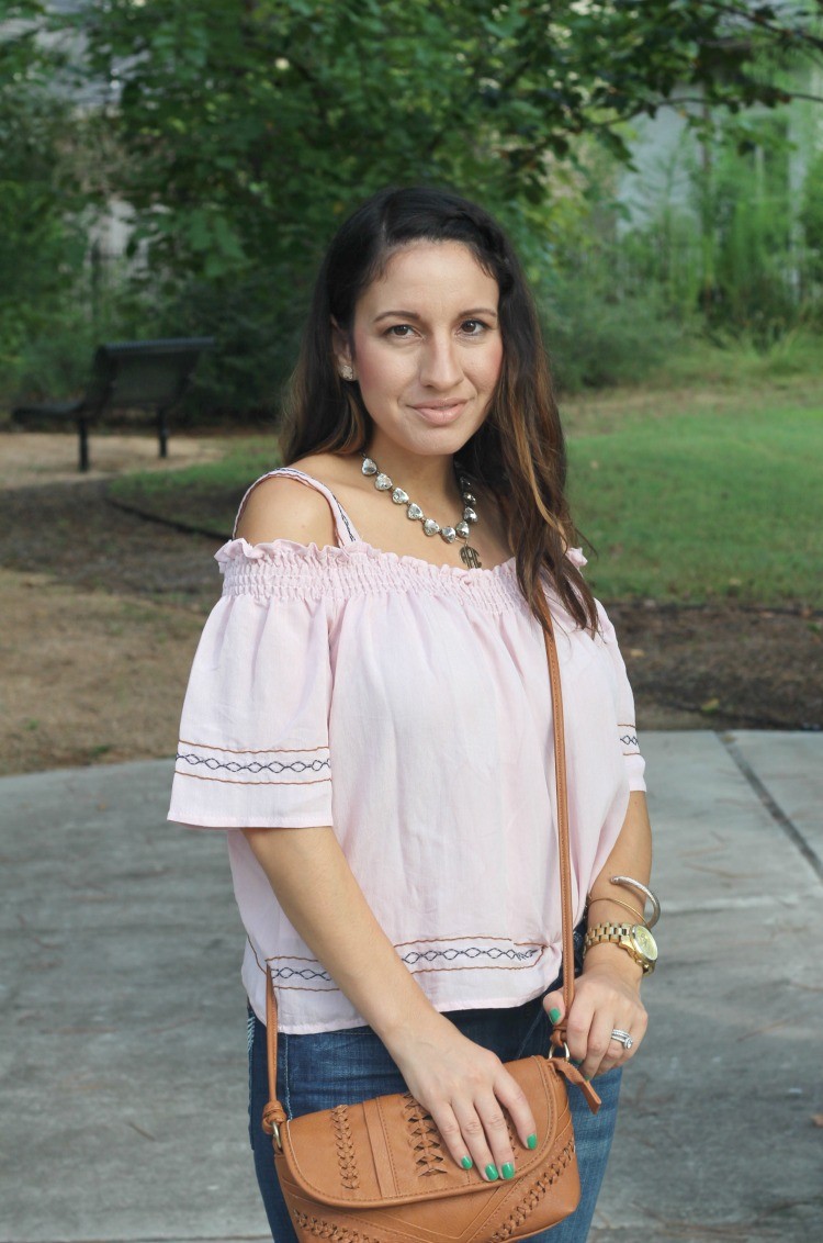 Cold shoulder top, flare jeans, and brown crossbody handbag, Pretty In Her Pearls, Style Blogger, Petite blogger,