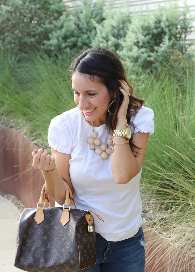 Basic white top, distressed jeans, and nude heels, Pretty In Her Pearls, Petite Blogger