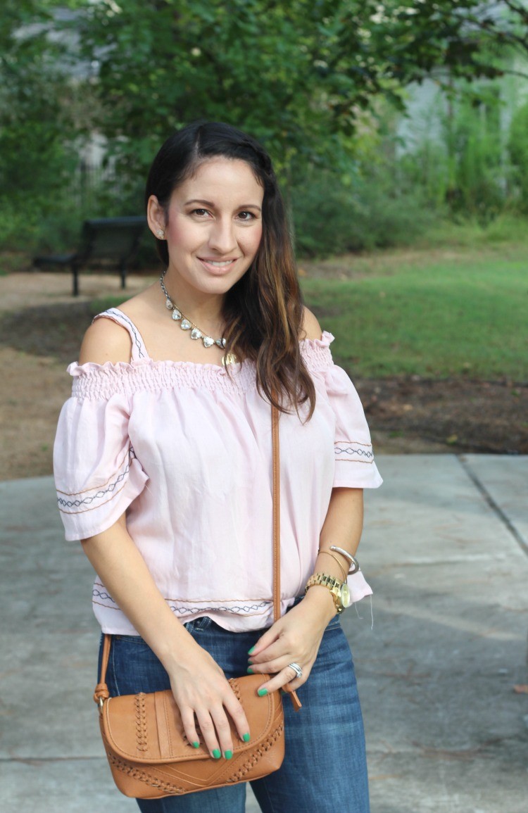 Cold shoulder top, flare jeans, and brown crossbody handbag, Pretty In Her Pearls, Style Blogger, Petite blogger,