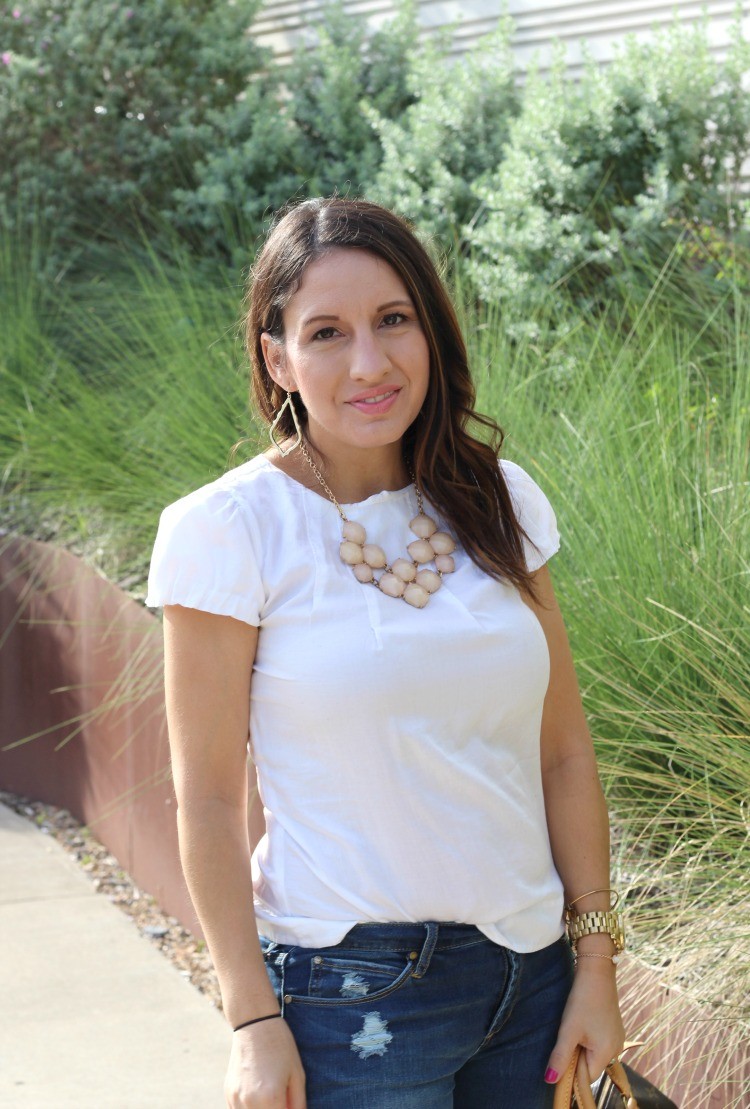 Basic white top, distressed jeans, and nude heels, Pretty In Her Pearls, Petite Blogger