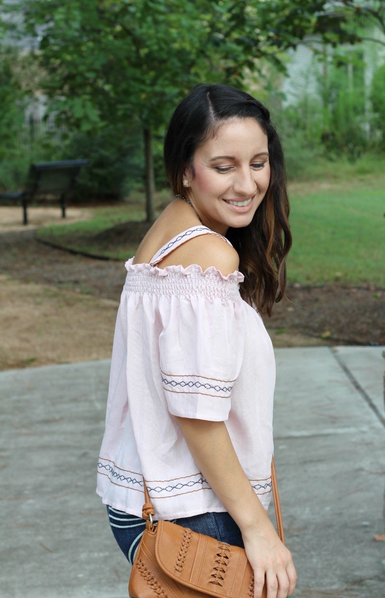 Cold shoulder top, flare jeans, and brown crossbody handbag, Pretty In Her Pearls, Style Blogger, Petite blogger,