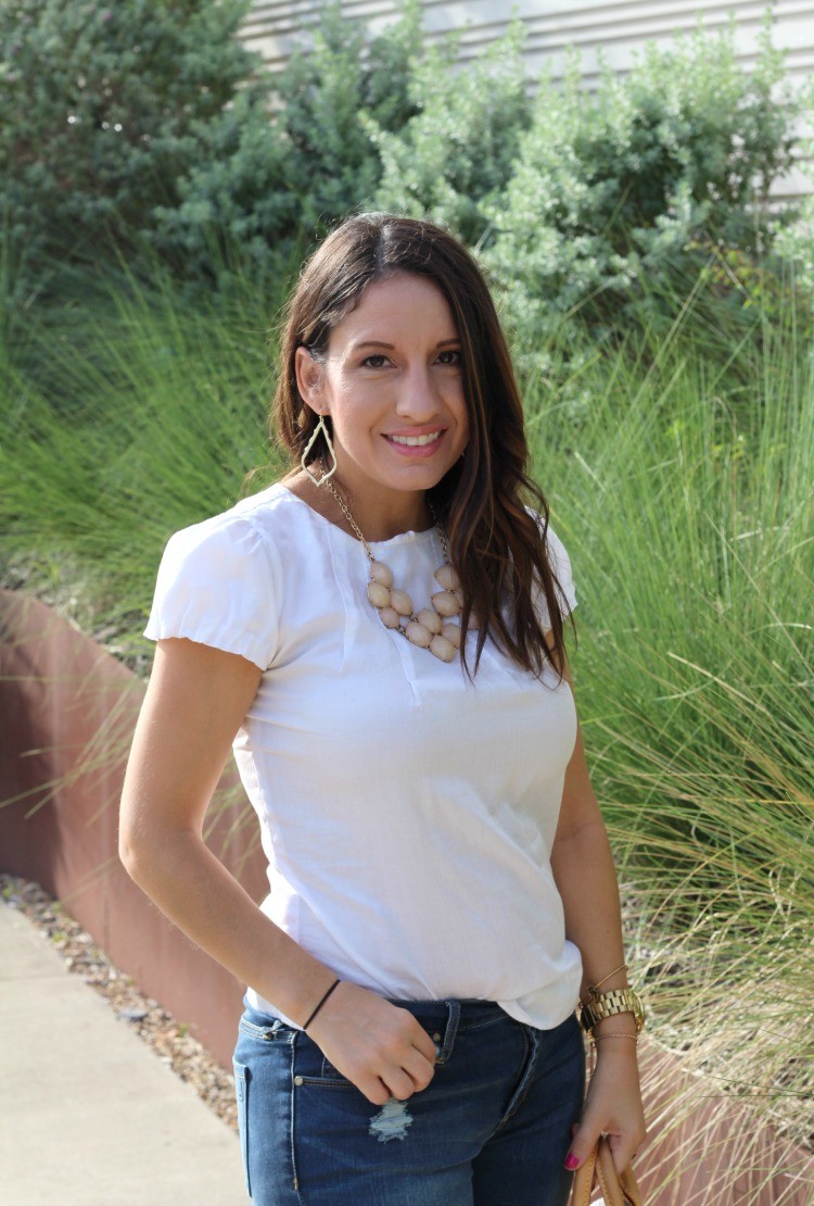 Basic white top, distressed jeans, and nude heels, Pretty In Her Pearls, Petite Blogger