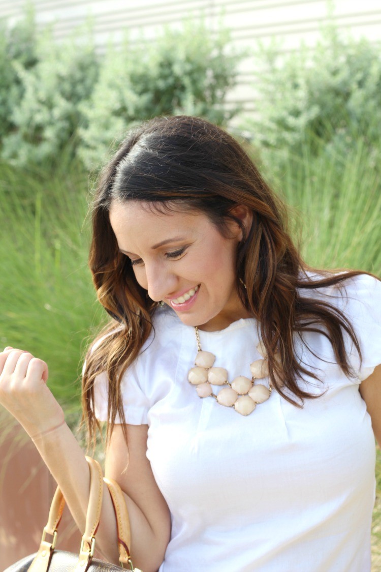 Loose curls, Basic white top, distressed jeans, and nude heels, Pretty In Her Pearls, Petite Blogger