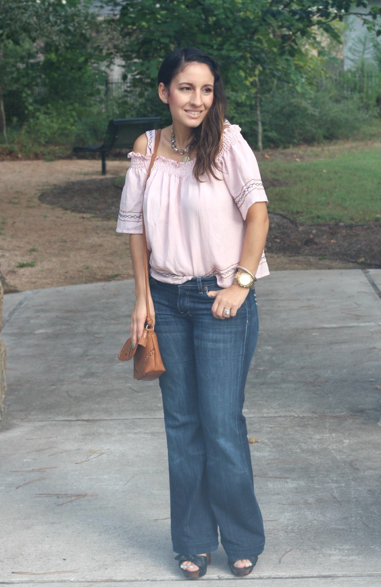 Cold shoulder top, flare jeans, and brown crossbody handbag, Pretty In Her Pearls, Style Blogger, Petite blogger,