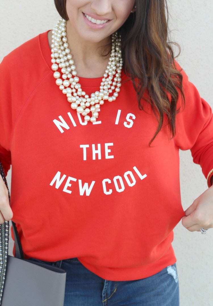 Nice Is The New Cool Sweatshirt, and distressed jeans, Casual Outfit, Pretty In Her Pearls