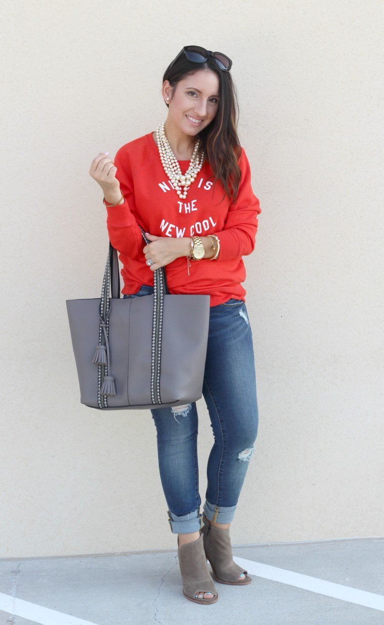 Nice Is The New Cool Sweatshirt, and distressed jeans, Casual Outfit, Pretty In Her Pearls