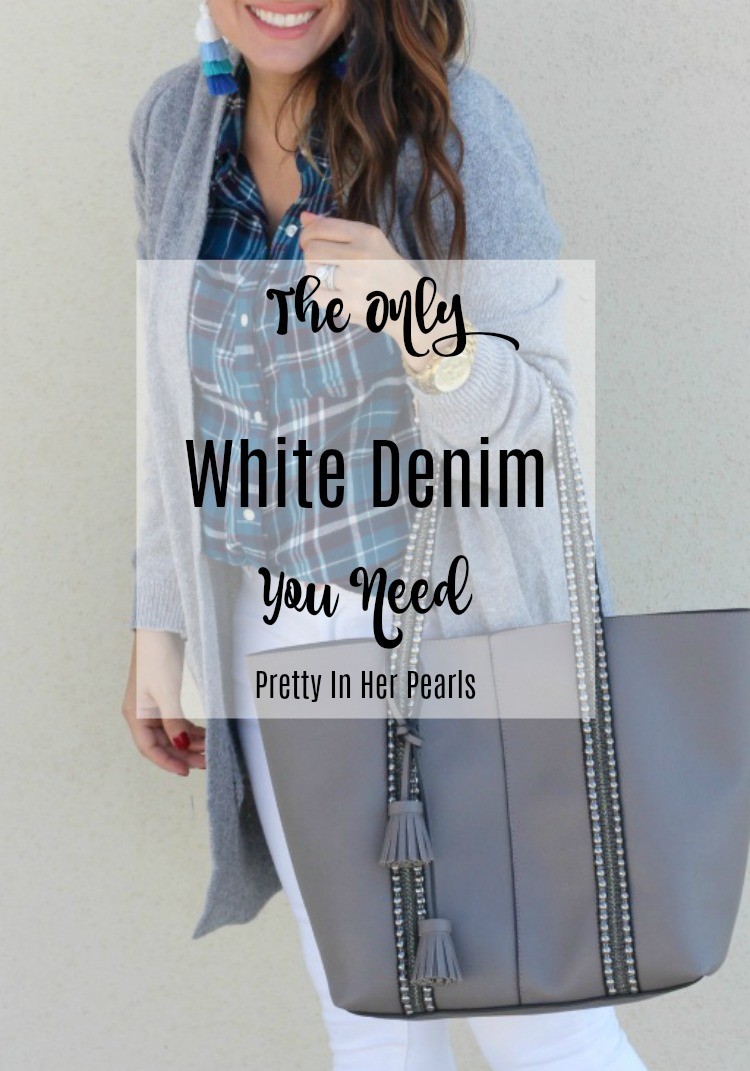 The Only White Denim You Need, Casual fall style, Gray cardigan, plaid button down, and white jeans, Pretty In Her Pearls, Style Blogger, Petite Blogger, #OLDNAVY #Petiteblogger