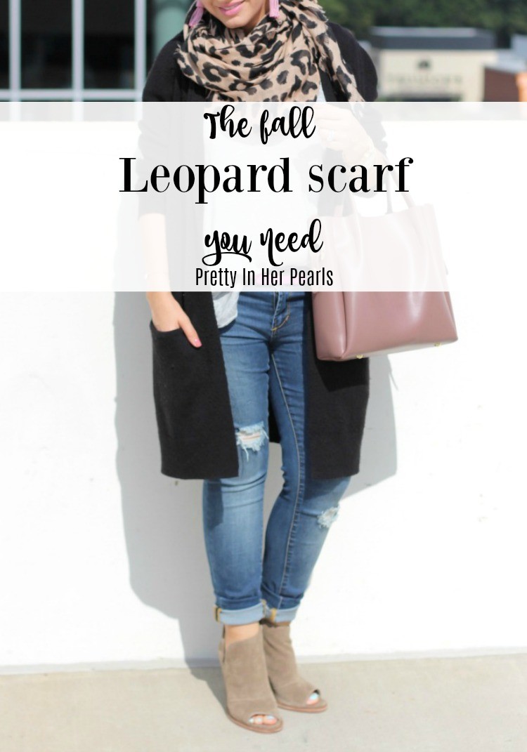 The fall leopard scarf you need, Leopard Scarf, Fall Outfit, Pretty In Her Pearls. Style Blogger, Petite Blogger, Starbucks Refresher Review