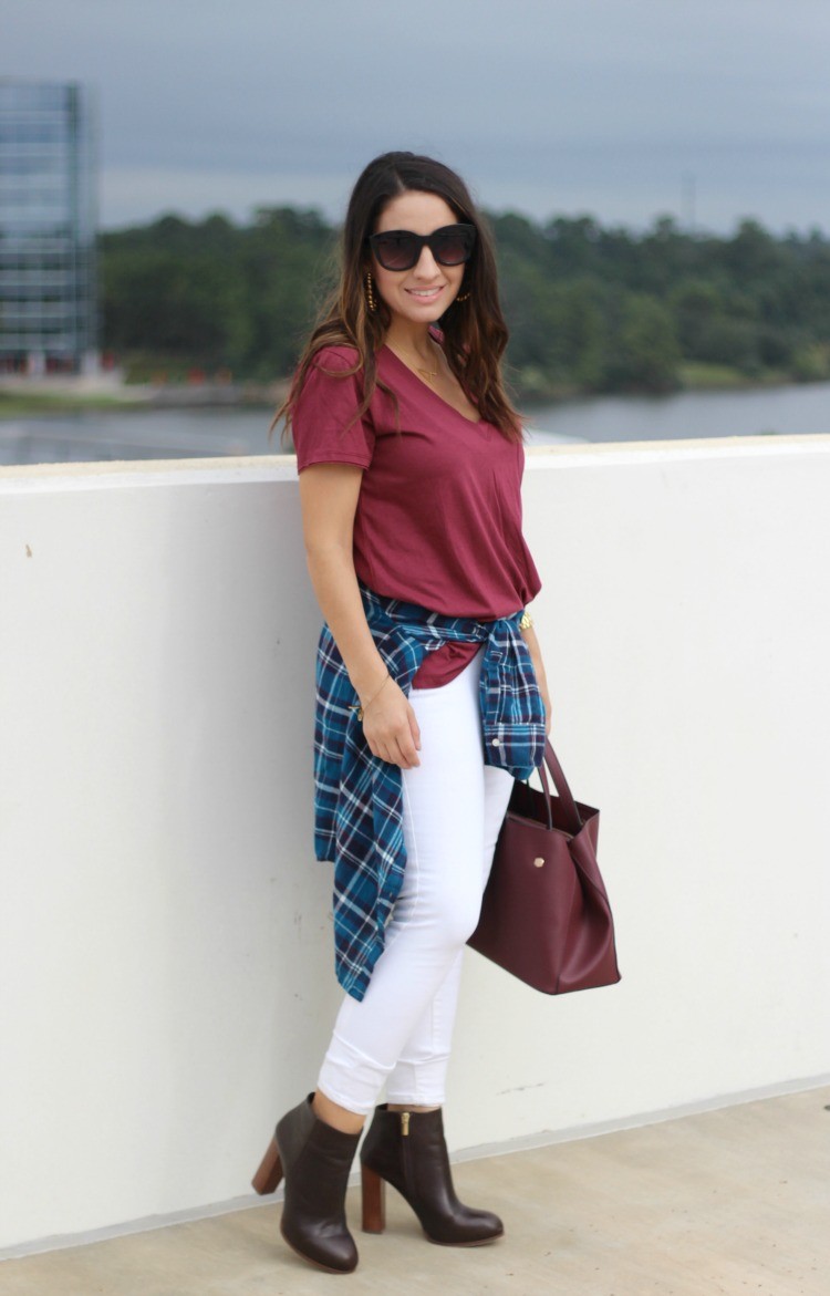 Lush T-Shirt, BP Plaid Button down, White Old Navy Jeans, and Vince Camuto booties, Pretty In Her Pearls, Style Blogger, 90's Style, Petite Style