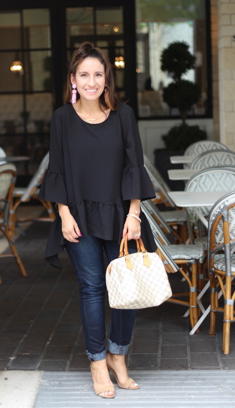 Ruffled hem top, dark denim, and nude heels, Pretty In Her Pearls, Style Blogger, Petite Style Blogger