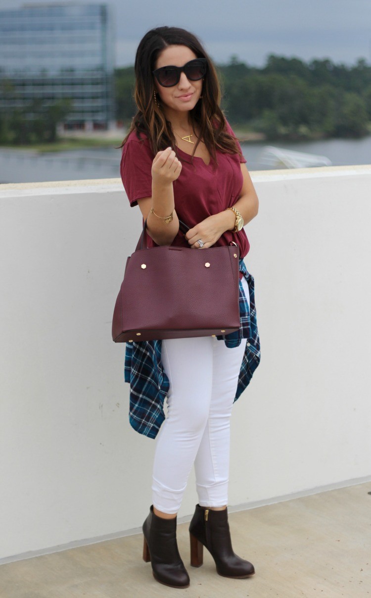 Lush T-Shirt, BP Plaid Button down, White Old Navy Jeans, and Vince Camuto booties, Pretty In Her Pearls, Style Blogger, 90's Style, Petite Style