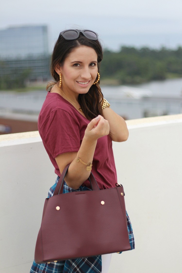 Lush T-Shirt, BP Plaid Button down, White Old Navy Jeans, and Vince Camuto booties, Pretty In Her Pearls, Style Blogger, 90's Style, Petite Style