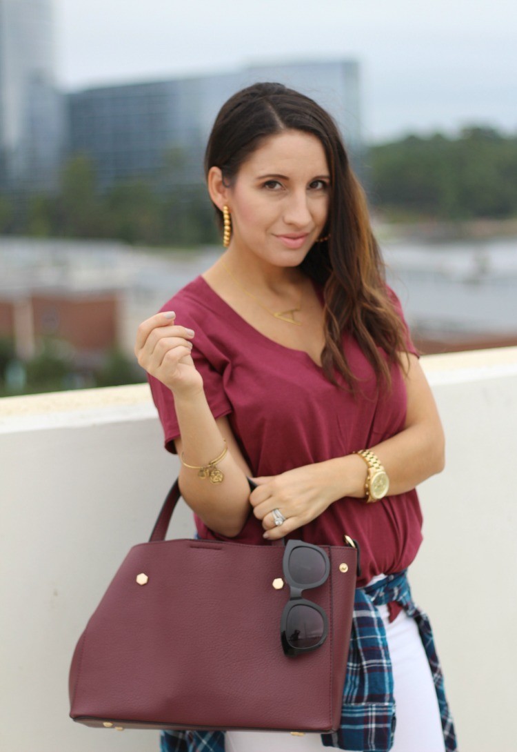 Lush T-Shirt, BP Plaid Button down, White Old Navy Jeans, and Vince Camuto booties, Pretty In Her Pearls, Style Blogger, 90's Style, Petite Style